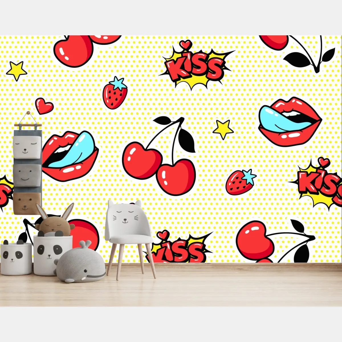 Fototapete verspieltes pop-art kirschen-kuss muster – Pixers®