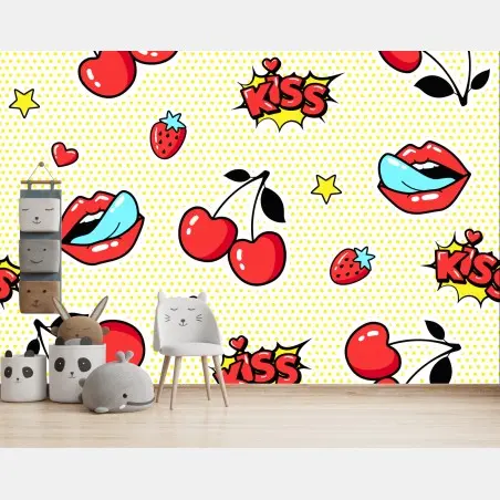 Fototapete verspieltes pop-art kirschen-kuss muster – Pixers®