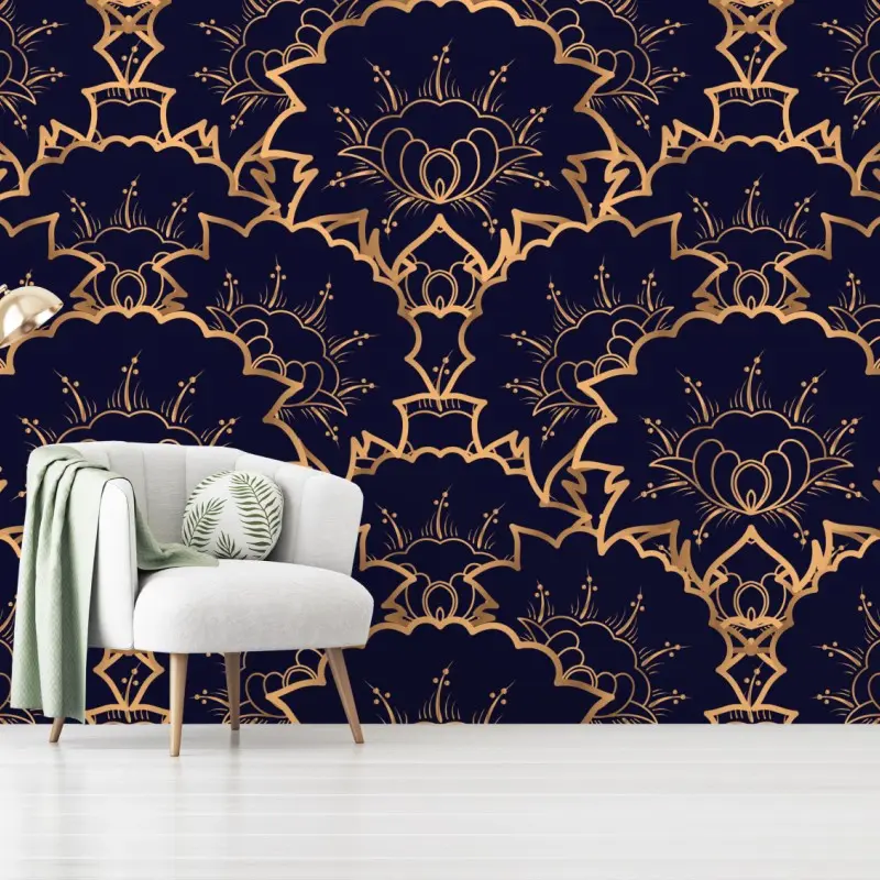 Fototapete luxuriöses goldenes blütenmuster auf marineblau