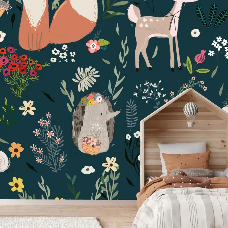Fototapete waldfreunde blumenmuster fürs kinderzimmer