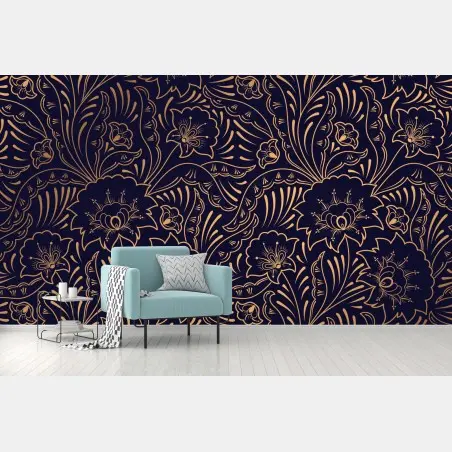 Fototapete goldenes blumenornament auf nachtblauem hintergrund – Pixers®