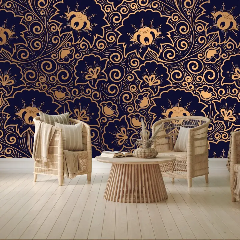 Fototapete luxuriöses goldenes blumenmuster auf dunklem hintergrund