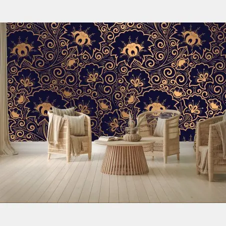 Fototapete luxuriöses goldenes blumenmuster auf dunklem hintergrund – Pixers®