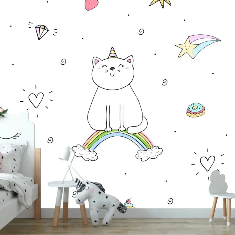 Fototapete pastell-einhornkatze auf dem regenbogen
