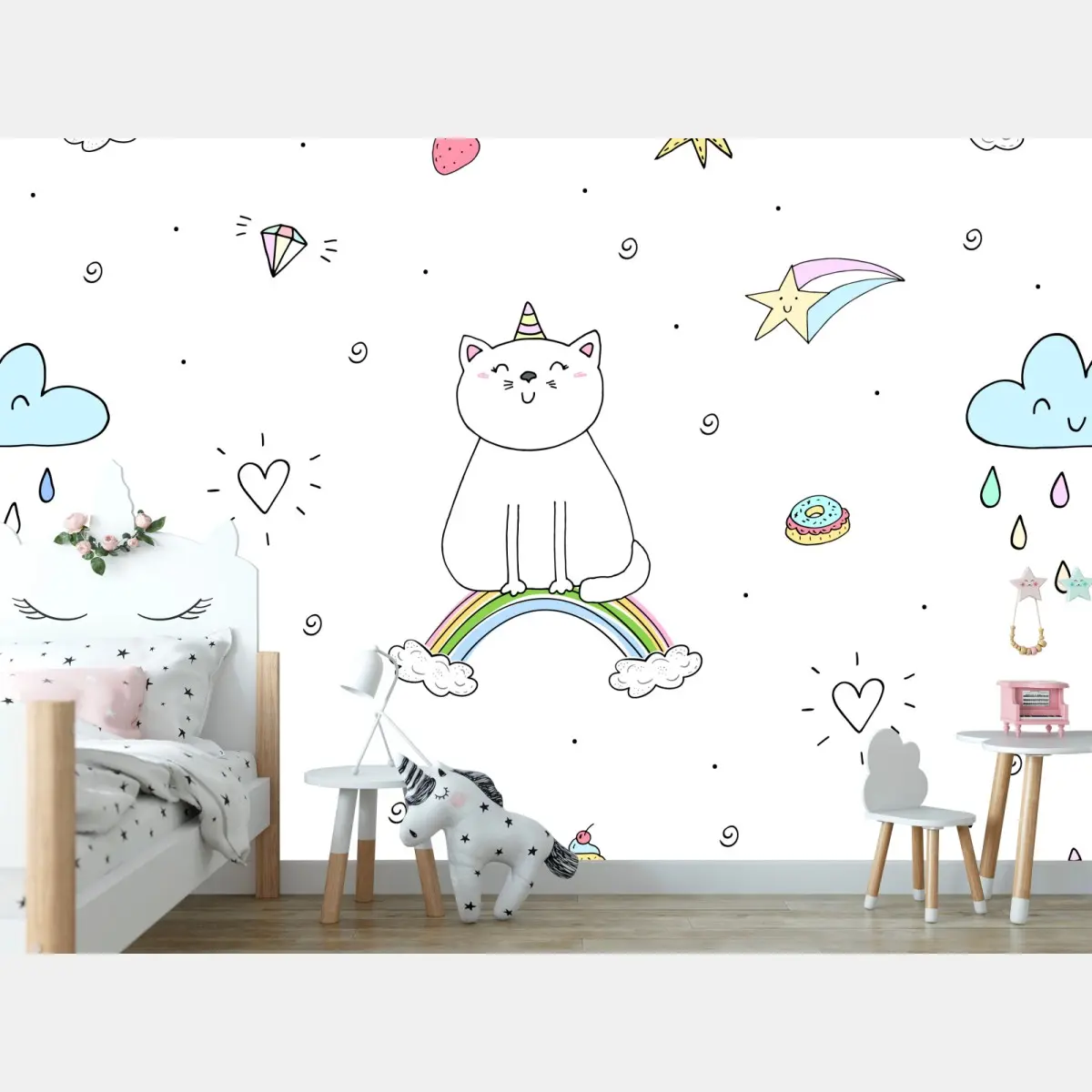 Fototapete pastell-einhornkatze auf dem regenbogen – Pixers®