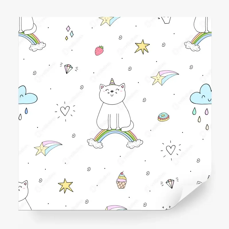 Fototapete pastell-einhornkatze auf dem regenbogen