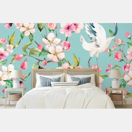 Fototapete türkises kirschblüten- und kranichmuster – Pixers®