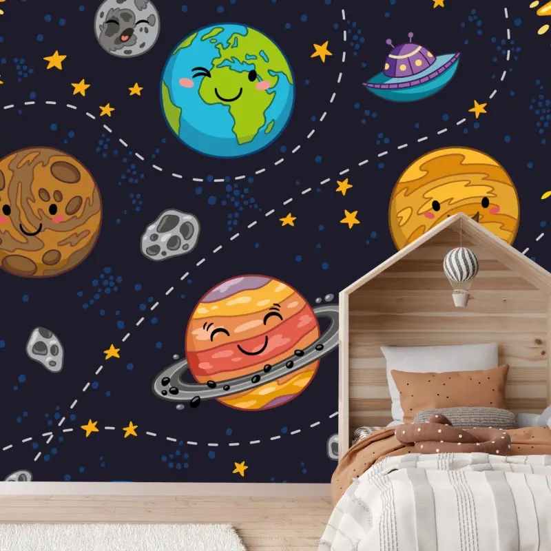 Fototapete lächelnde planeten im verspielten weltraummuster