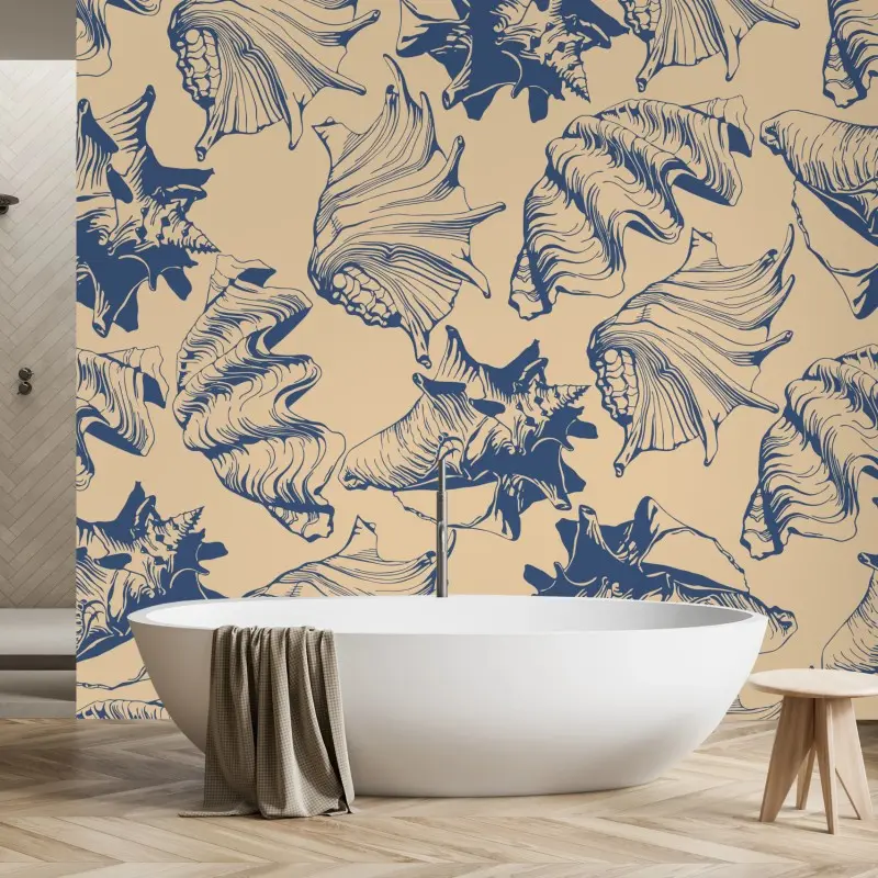 Fototapete muschelmuster in blau und beige