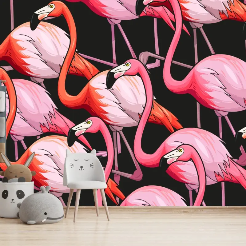 Fototapete rosa flamingo-muster auf schwarzem hintergrund