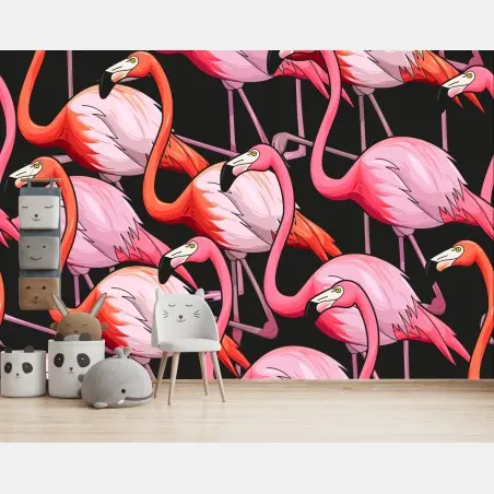 Fototapete rosa flamingo-muster auf schwarzem hintergrund – Pixers®