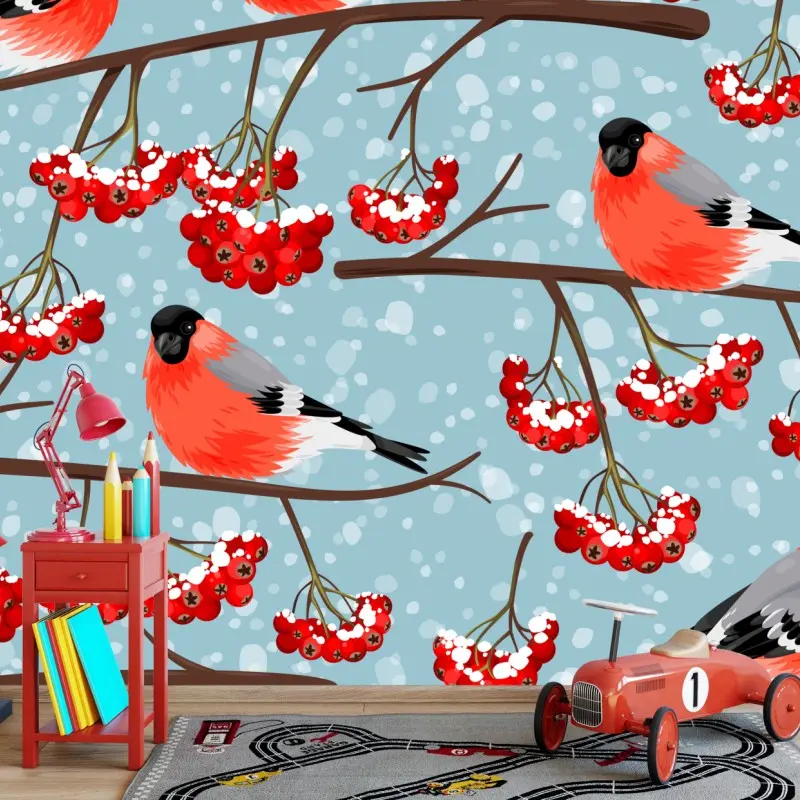 Fototapete winterliche gimpel und vogelbeeren - muster