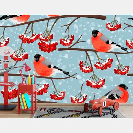 Fototapete winterliche gimpel und vogelbeeren - muster – Pixers®