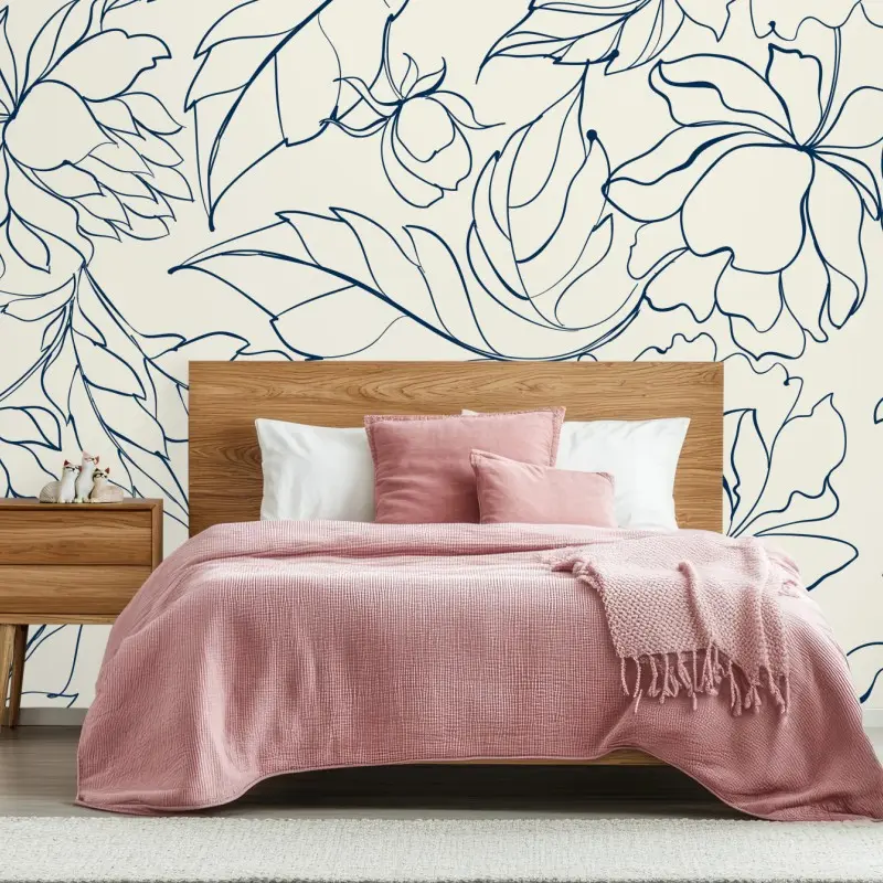 Fototapete handgezeichnetes marineblaues blumenmuster auf creme