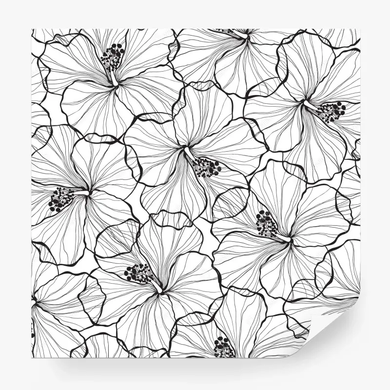 Fototapete schwarzweißes hibiskus line art muster