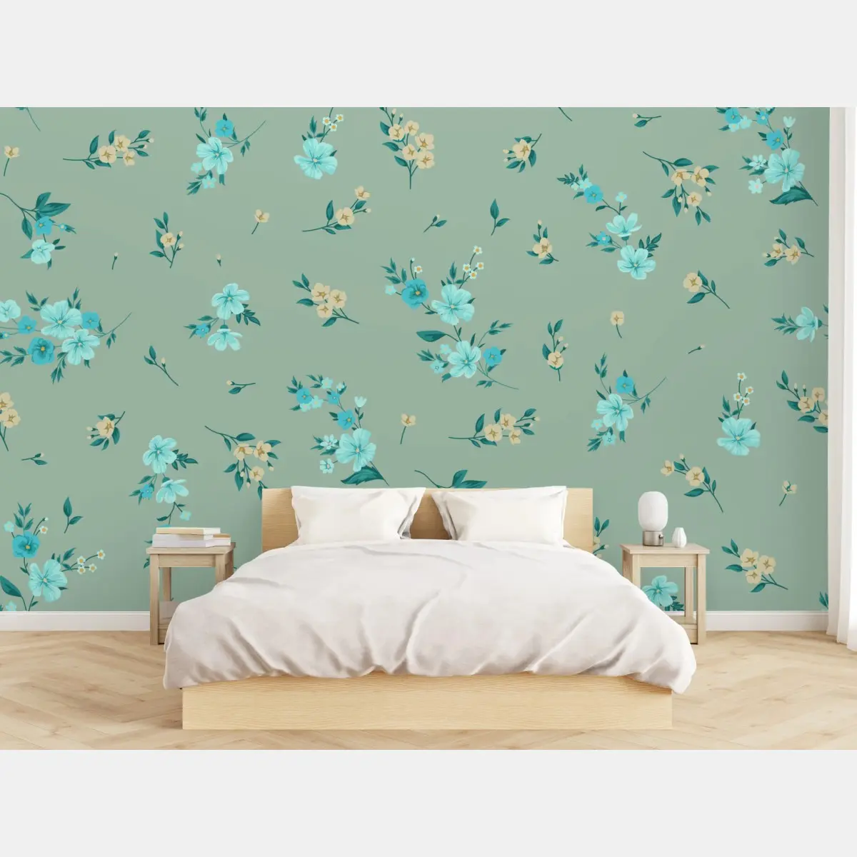 Fototapete pastell türkis blumenmuster auf salbeigrünem hintergrund – Pixers®