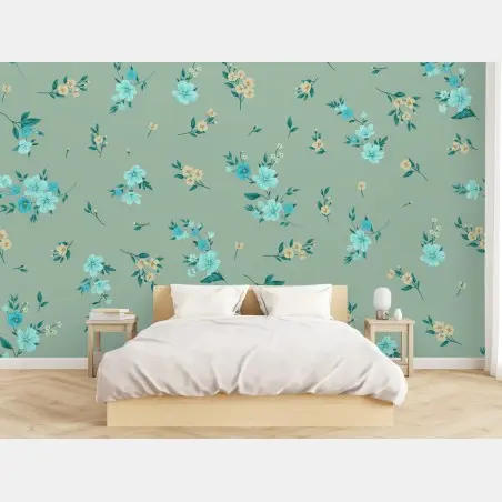 Fototapete pastell türkis blumenmuster auf salbeigrünem hintergrund – Pixers®