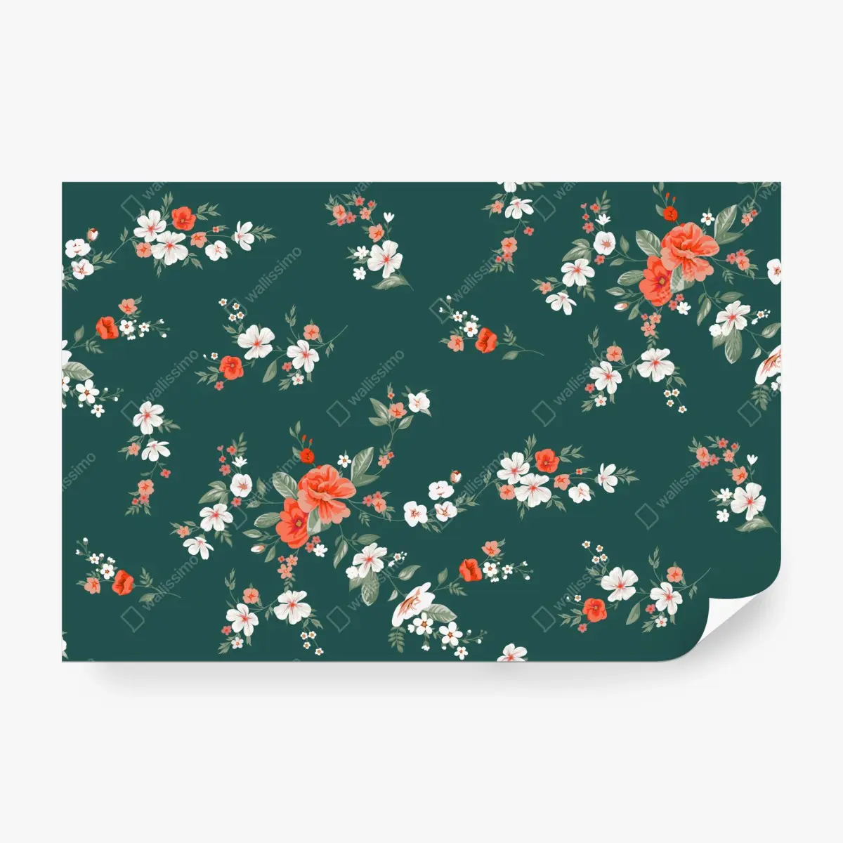Fototapete vintage korallenblumenmuster auf tiefgrünem hintergrund – Pixers®