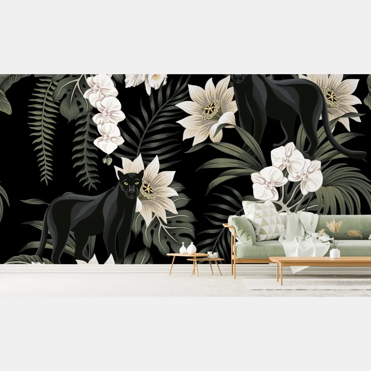 Fototapete botanisches muster mit schwarzem panther – Pixers®