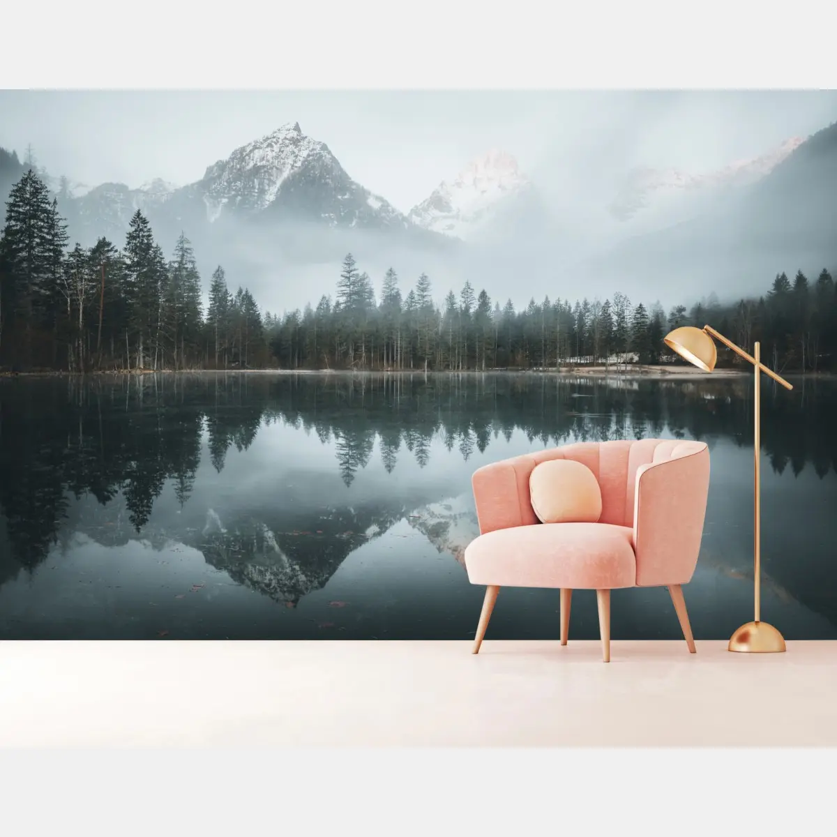 Fototapete neblige alpine spiegelung am ruhigen see – Pixers®
