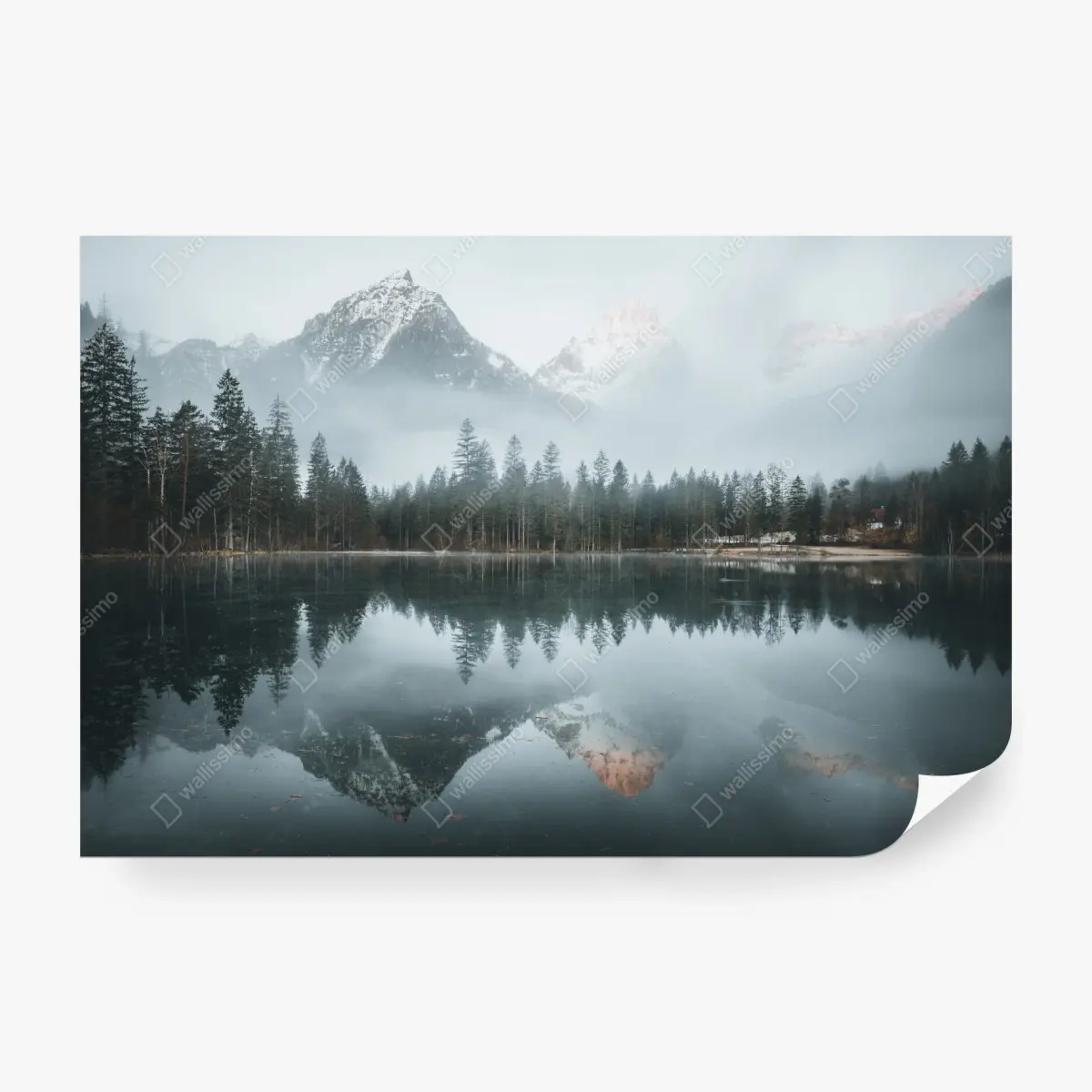 Fototapete neblige alpine spiegelung am ruhigen see – Pixers®