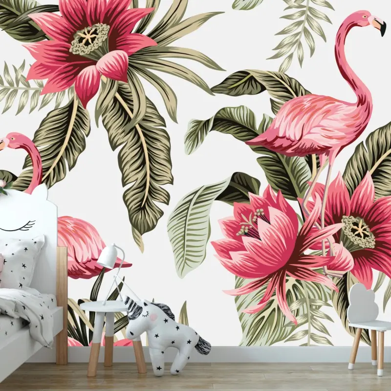 Fototapete tropische rosa flamingos und blüten