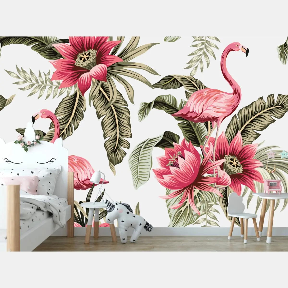Fototapete tropische rosa flamingos und blüten – Pixers®