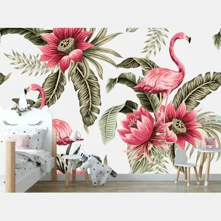 Fototapete tropische rosa flamingos und blüten – Pixers®