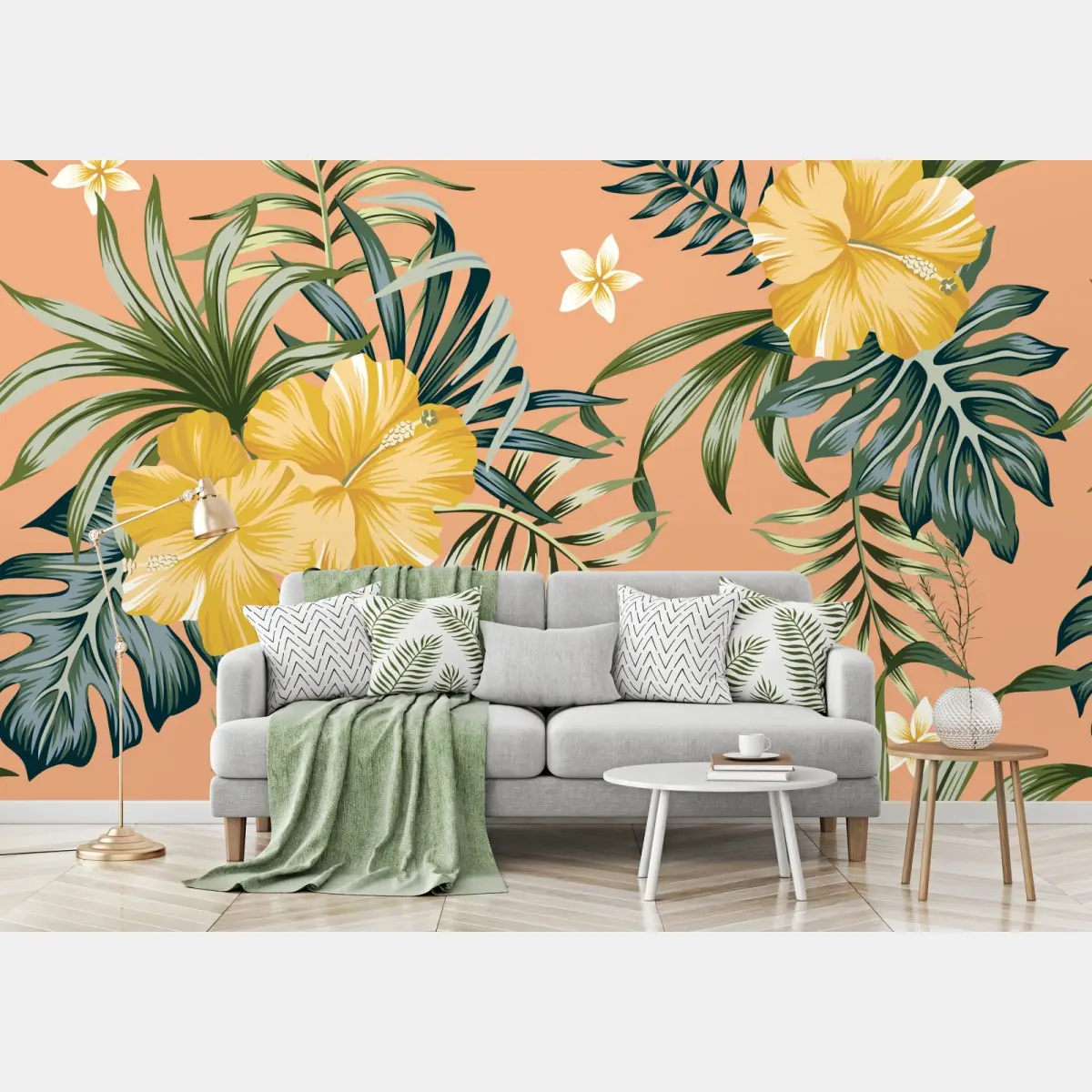 Fototapete tropisches hibiskusmuster auf pfirsichfarbenem hintergrund – Pixers®