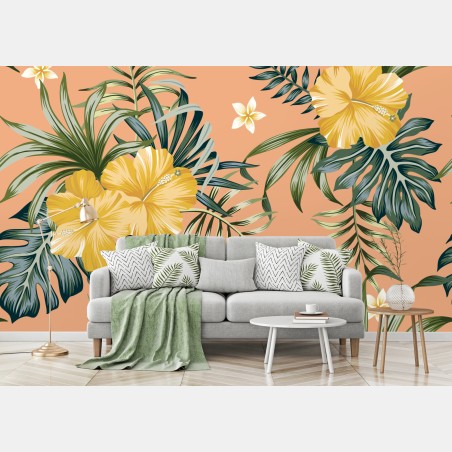Fototapete tropisches hibiskusmuster auf pfirsichfarbenem hintergrund – Pixers®