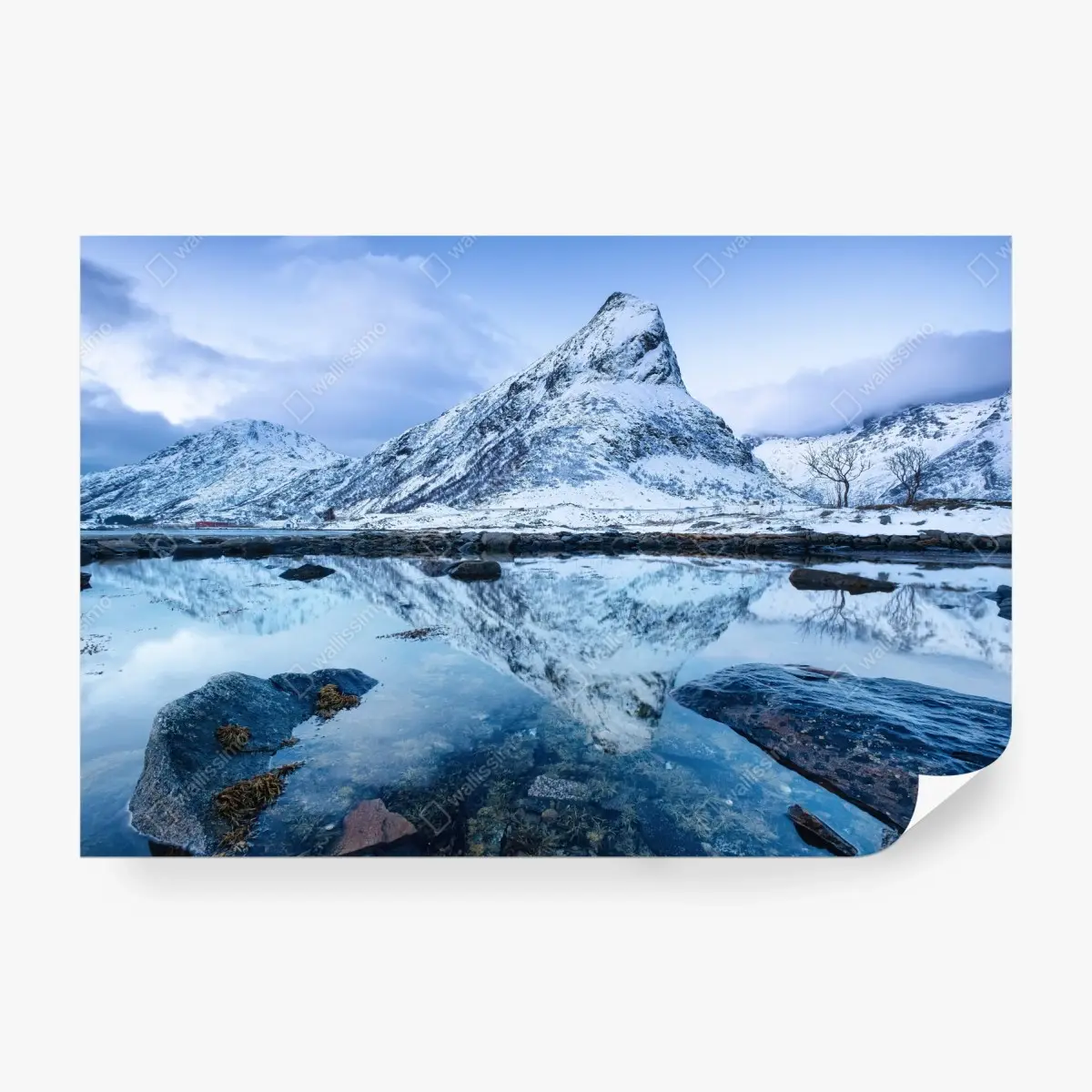 Fototapete schneebedeckter berg gespiegelt auf ruhigem wasser, Norwegen – Pixers®