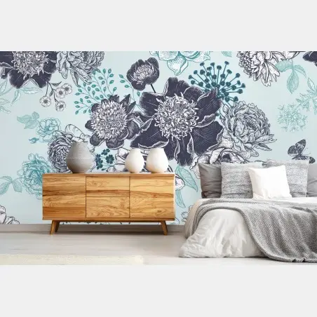 Fototapete blumiges peonienmuster in türkis und marineblau – Pixers®