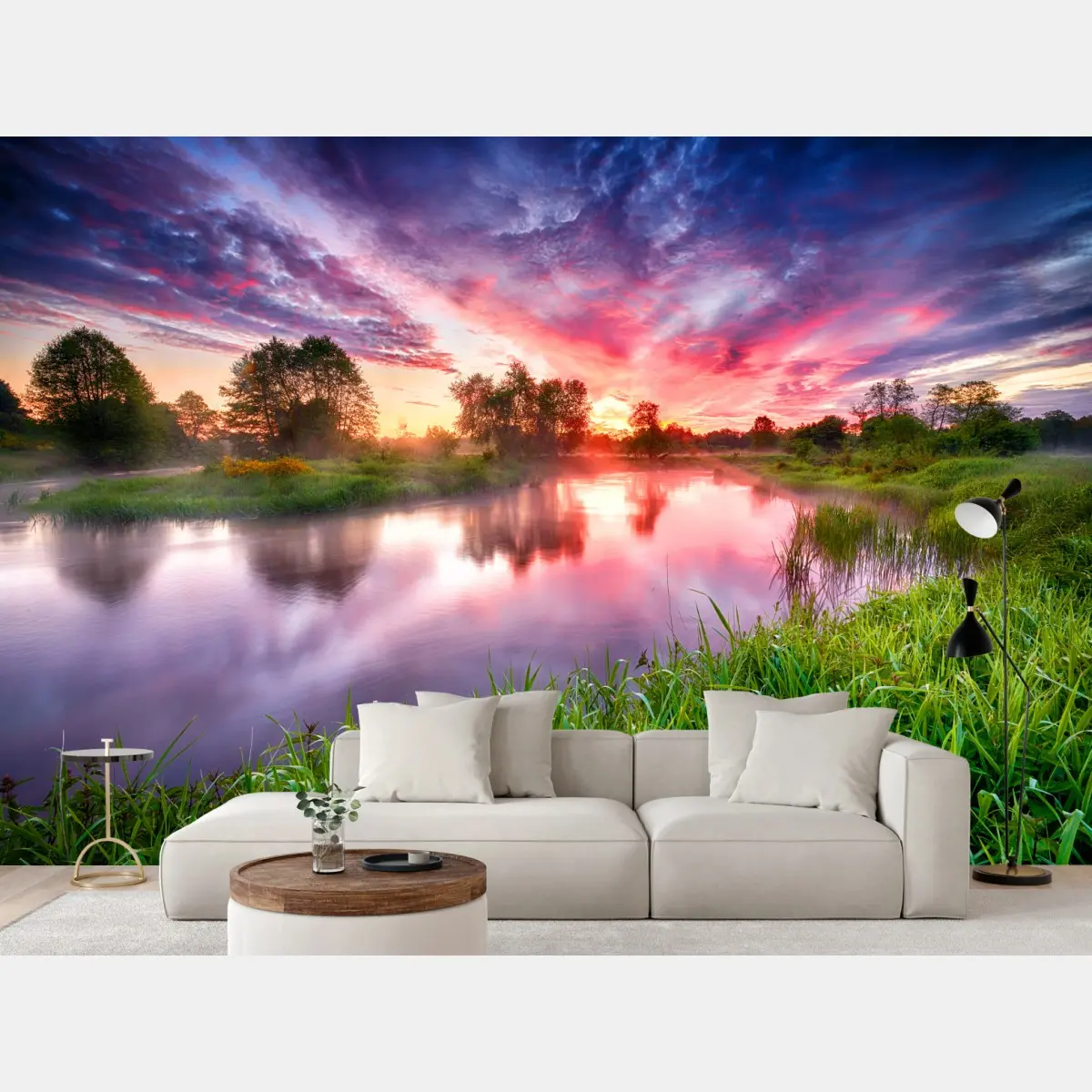 Fototapete ruhiger sommer sonnenaufgang am flussufer – Pixers®
