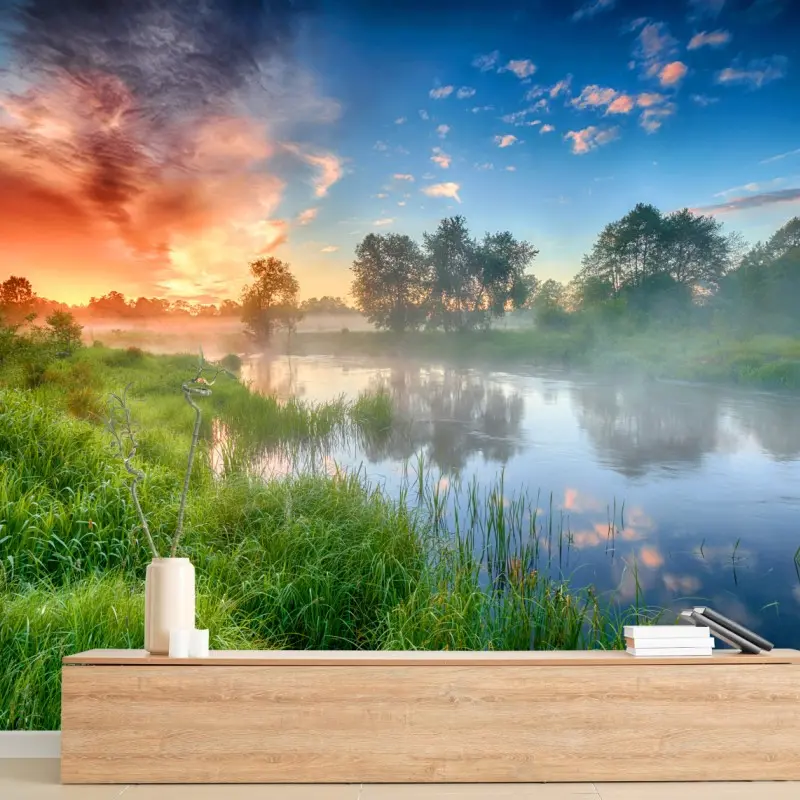Fototapete nebel bei sonnenaufgang am flussufer