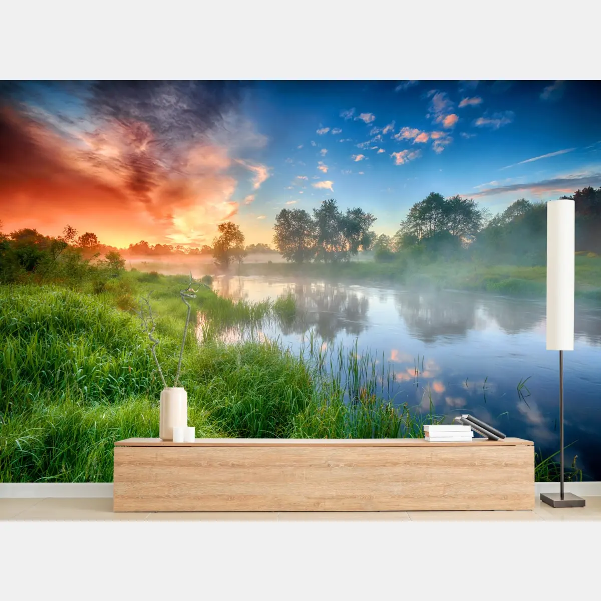 Fototapete nebel bei sonnenaufgang am flussufer – Pixers®