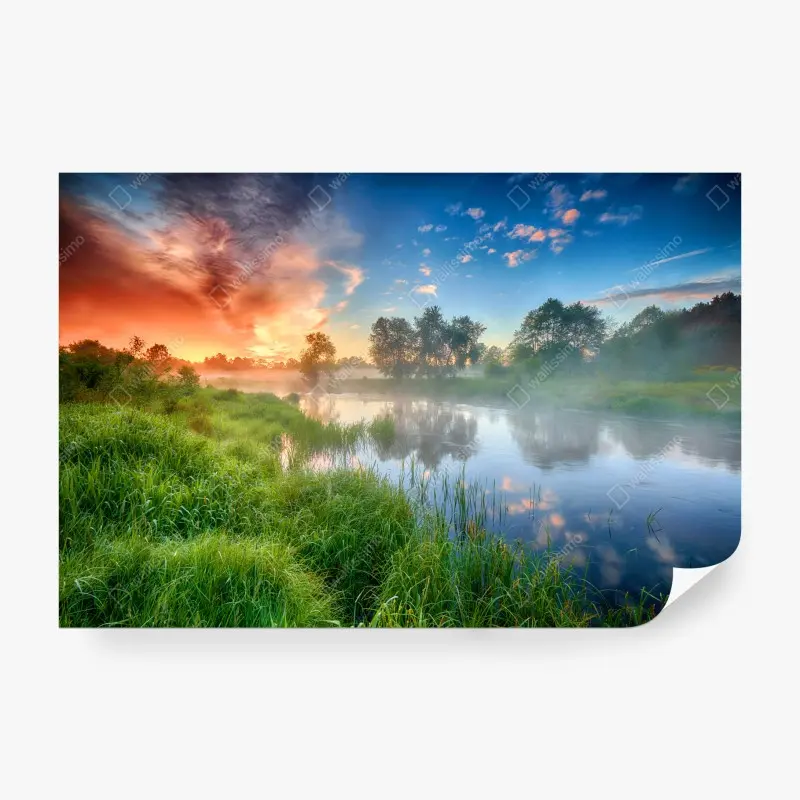 Fototapete nebel bei sonnenaufgang am flussufer