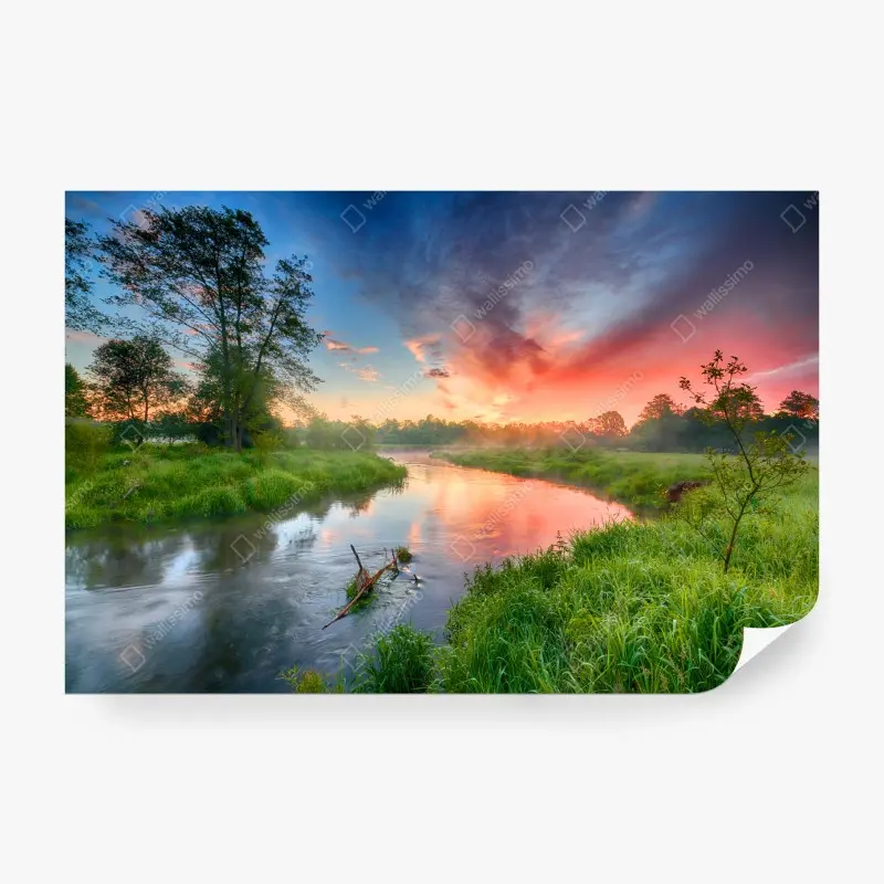 Fototapete sonnenaufgang über einem nebligen flussufer