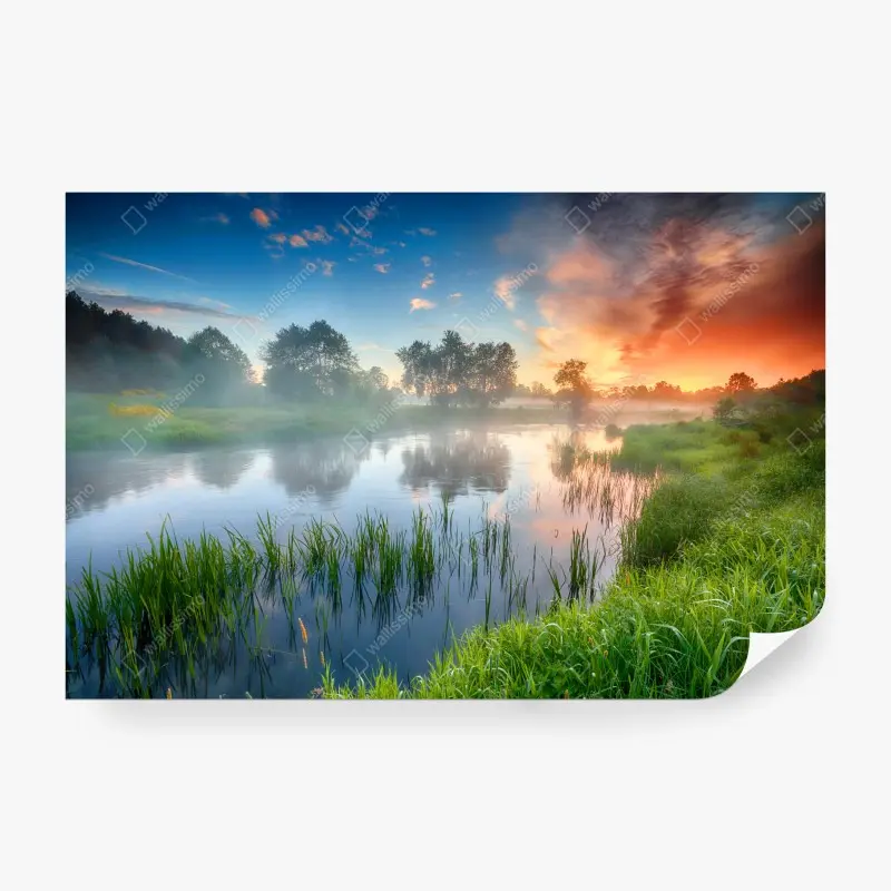 Fototapete nebliger fluss bei sonnenaufgang über grünen ufern