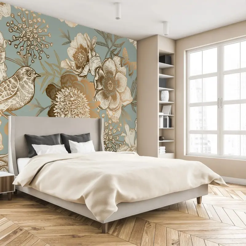 Fototapete vintage botanisches blumenmotiv mit vogel
