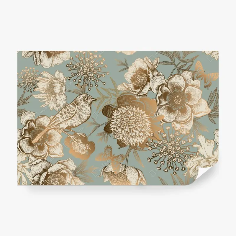 Fototapete vintage botanisches blumenmotiv mit vogel