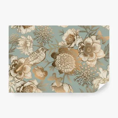 Fototapete vintage botanisches blumenmotiv mit vogel – Pixers®