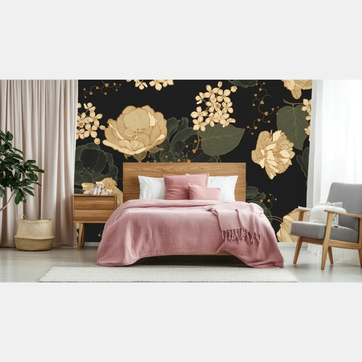 Fototapete goldene pfingstrosen vor dunklem botanischem hintergrund – Pixers®
