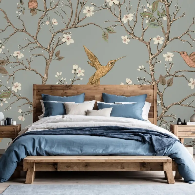 Fototapete vintage-muster mit kolibris und blüten