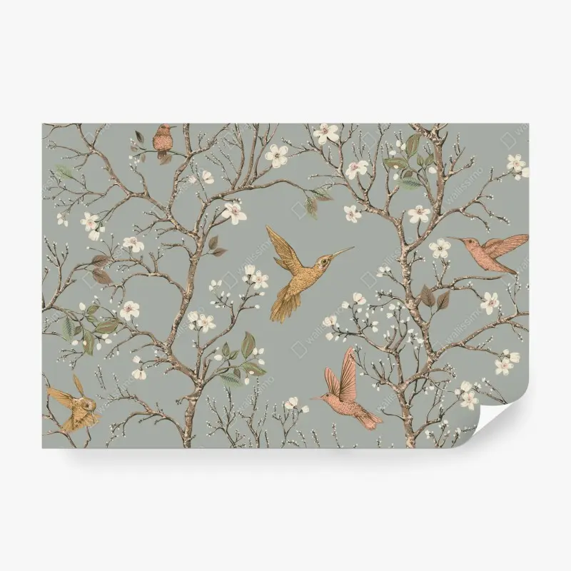 Fototapete vintage-muster mit kolibris und blüten
