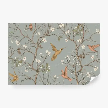 Fototapete vintage-muster mit kolibris und blüten – Pixers®