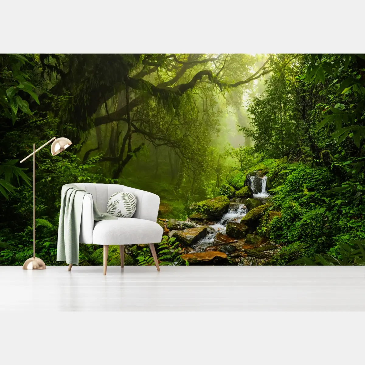Fototapete üppiger nebliger waldwasserfall – Pixers®