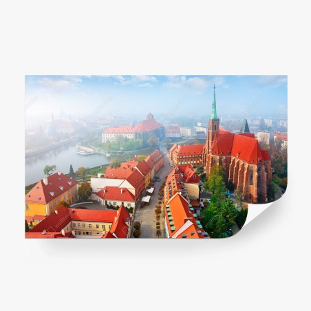 Fototapete neblige europäische stadtszene mit roten dächern – Pixers®