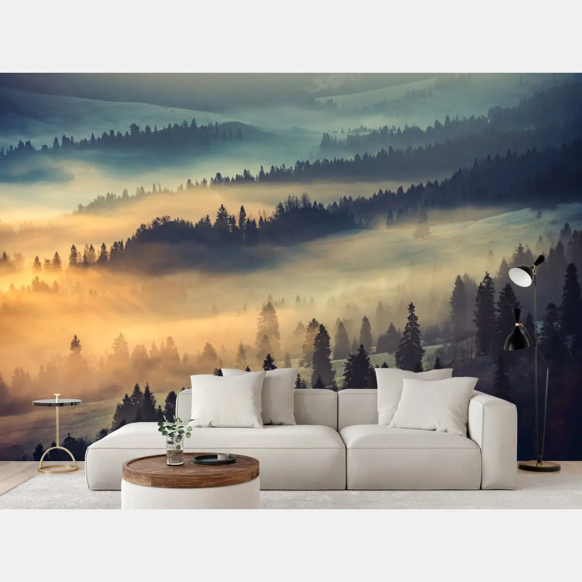 Fototapete nebliger bergwald im sonnenaufgang – Pixers®