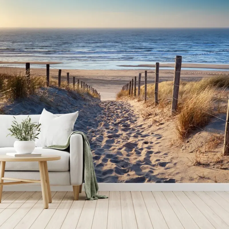 Fototapete weg zum strand der Nordsee im goldenen sonnenuntergang