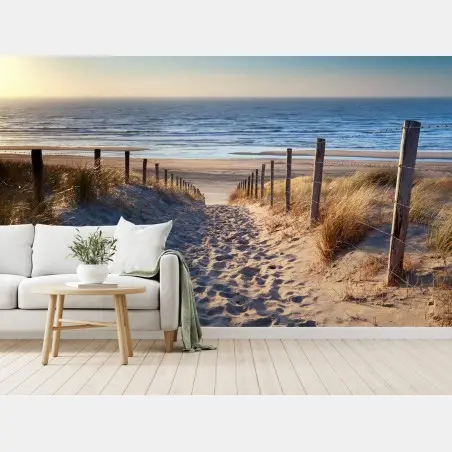 Fototapete weg zum strand der Nordsee im goldenen sonnenuntergang – Pixers®